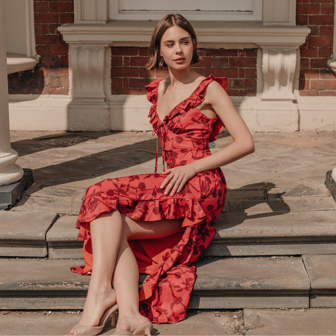ladies red party dresses Deep V-Neck Prom GownsFloral Lace Appliques Split Front Party Dress Discover this elegant red polyester midi dress featuring a square neckline and flattering A Wedding Dress Ladies Red Party