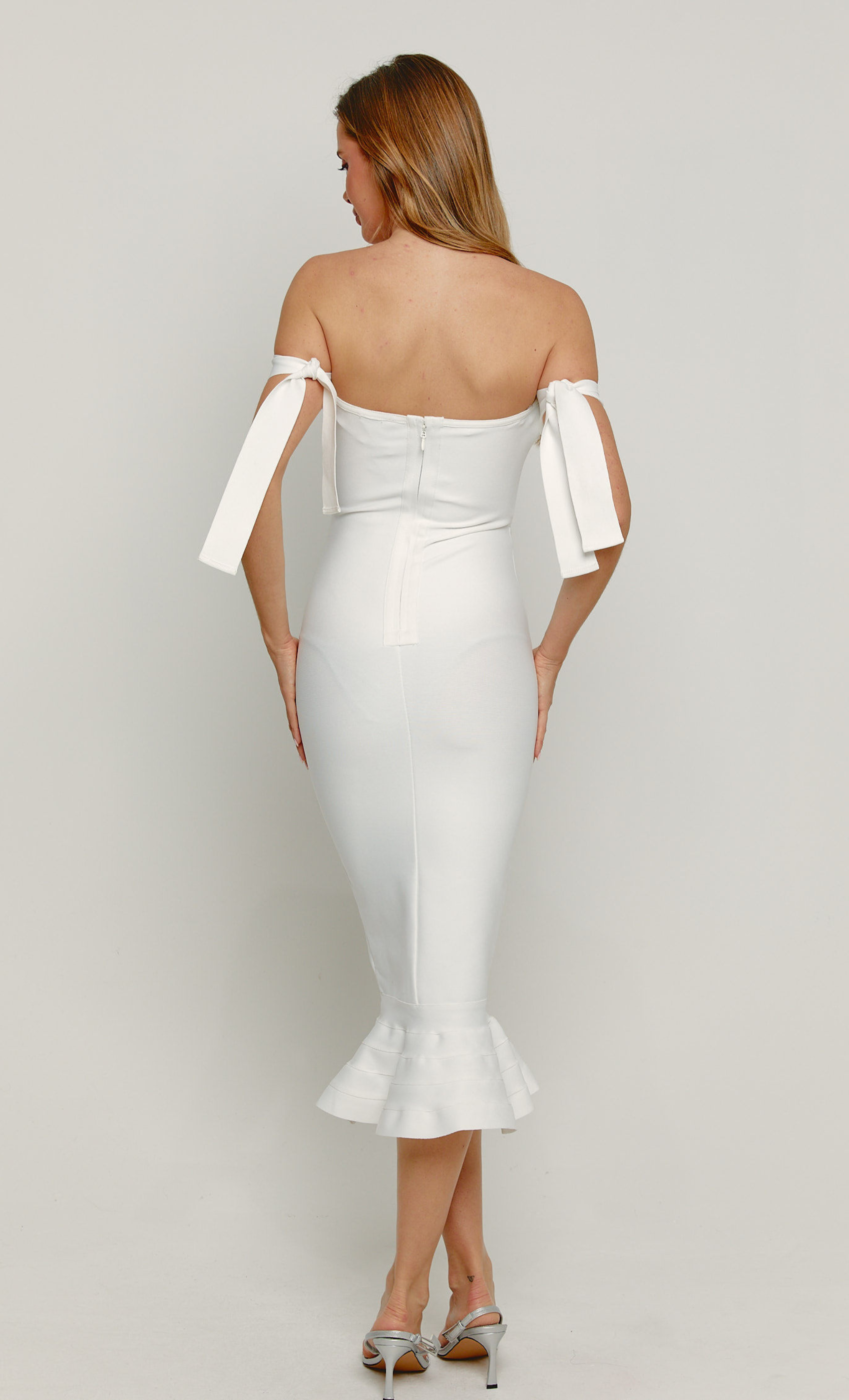 skin tight white off the shoulder bandage dress White Bandage Off Shoulder Midi Dress Rare London