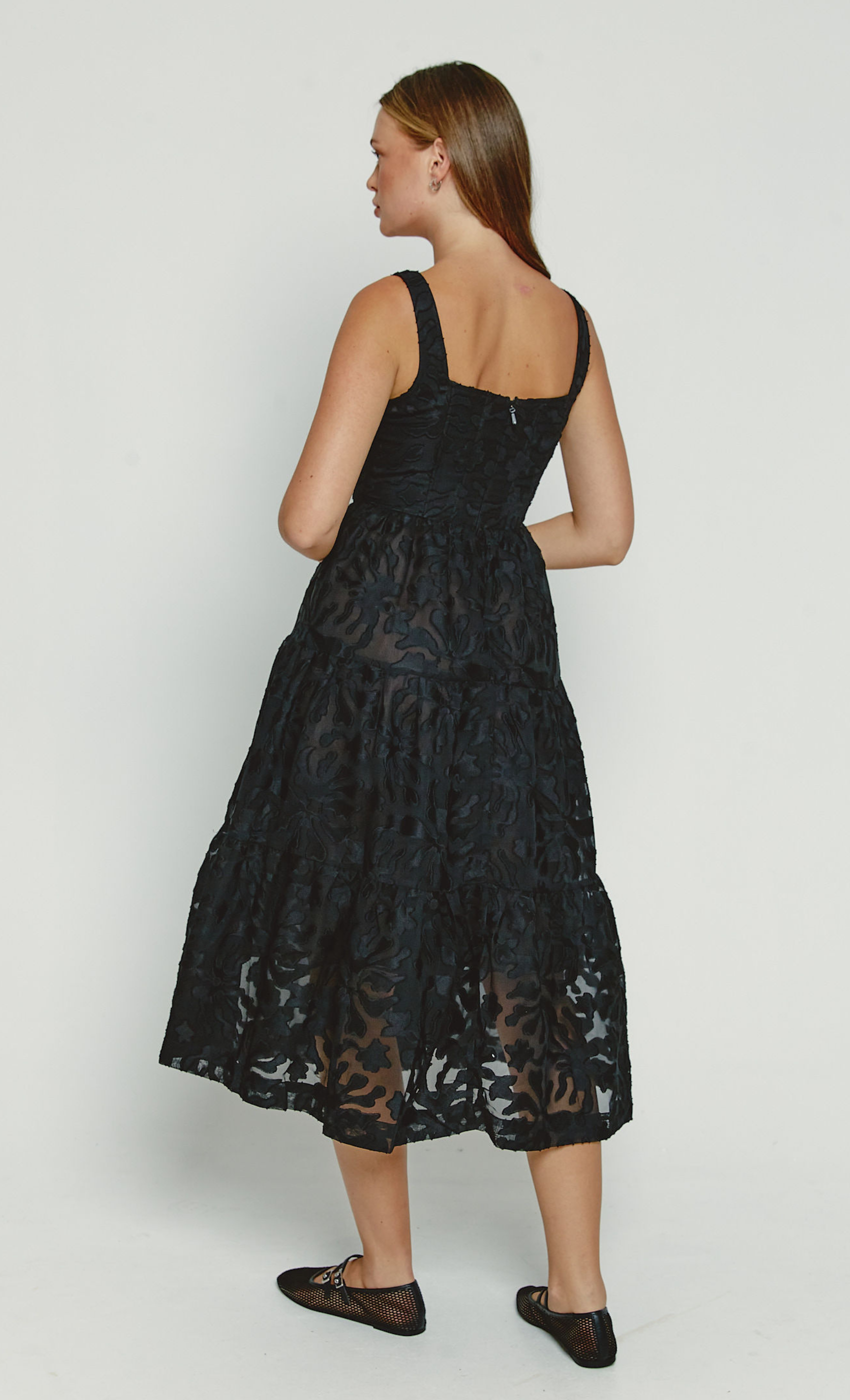 Black Corset Tiered Lace Midi Dress – Rare London