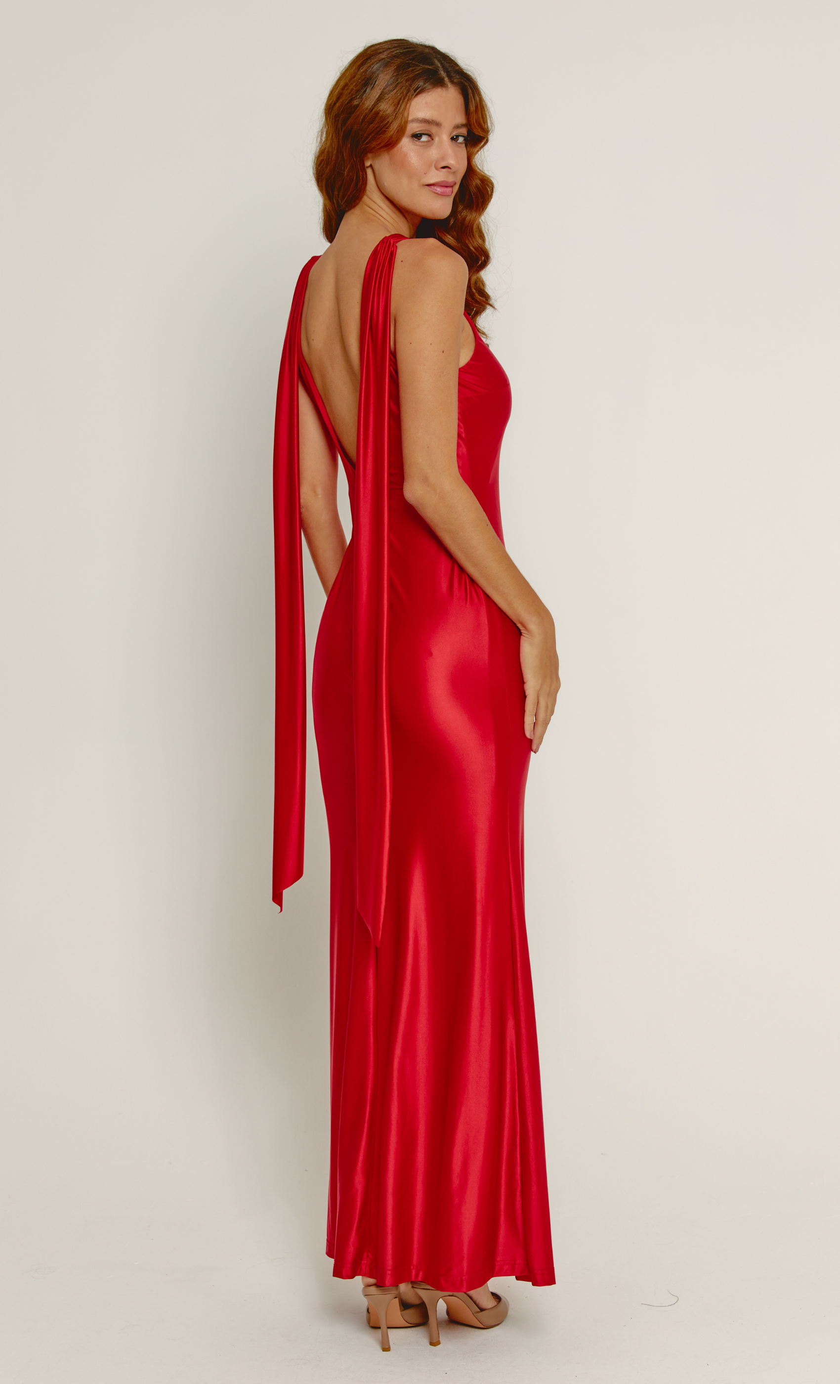 Red Liquid Jersey Scarf Detail Maxi Dress – Rare London