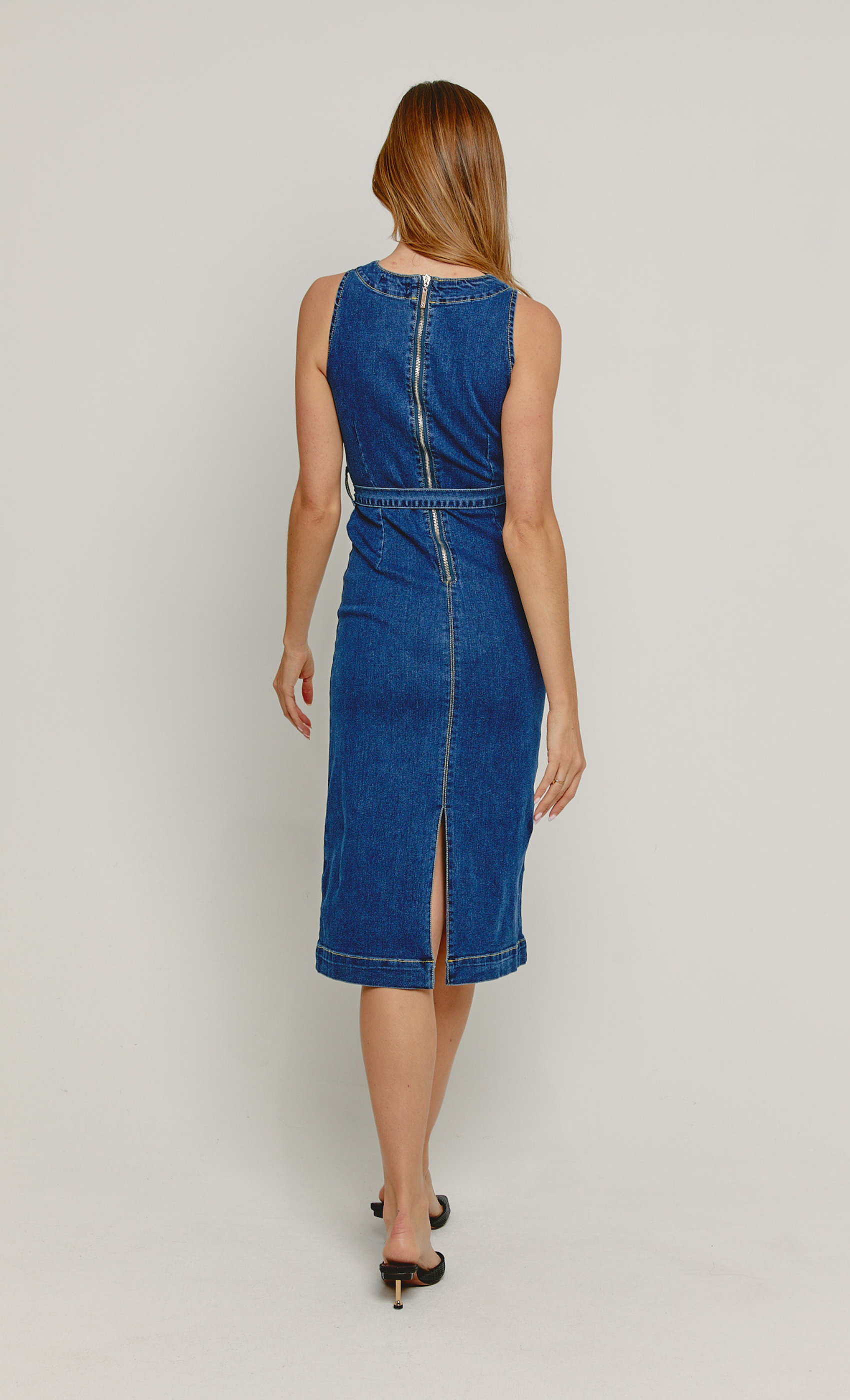 london times denim dress London Times Dress Womens 10 Blue Zipper Ruffle Detail Stretch Denim Chambray