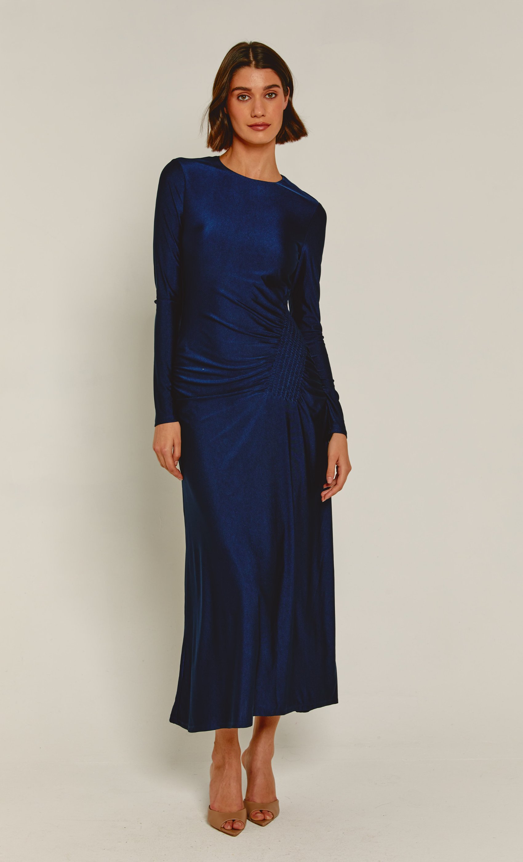 fitted lace wedding dress Rare London Women's Navy Ruched Long Sleeve Maxi Dress 10