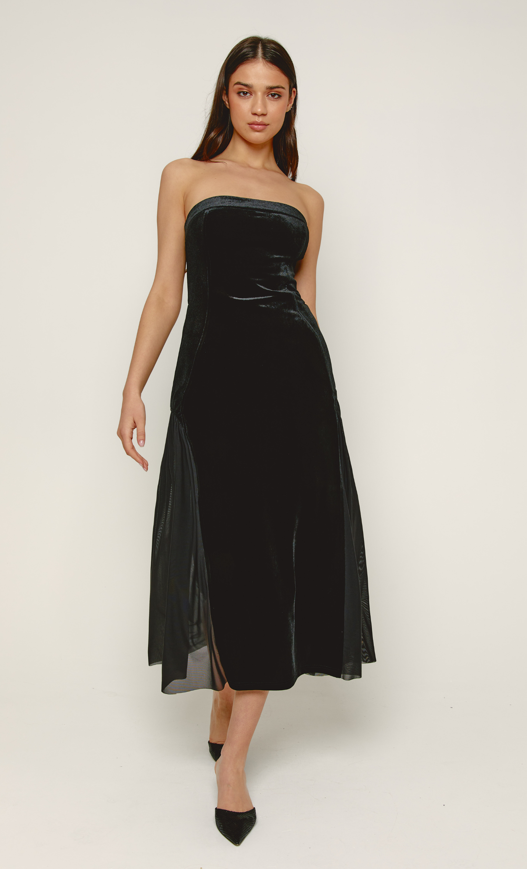 Black Velvet Contrast Bandeau Midi Dress