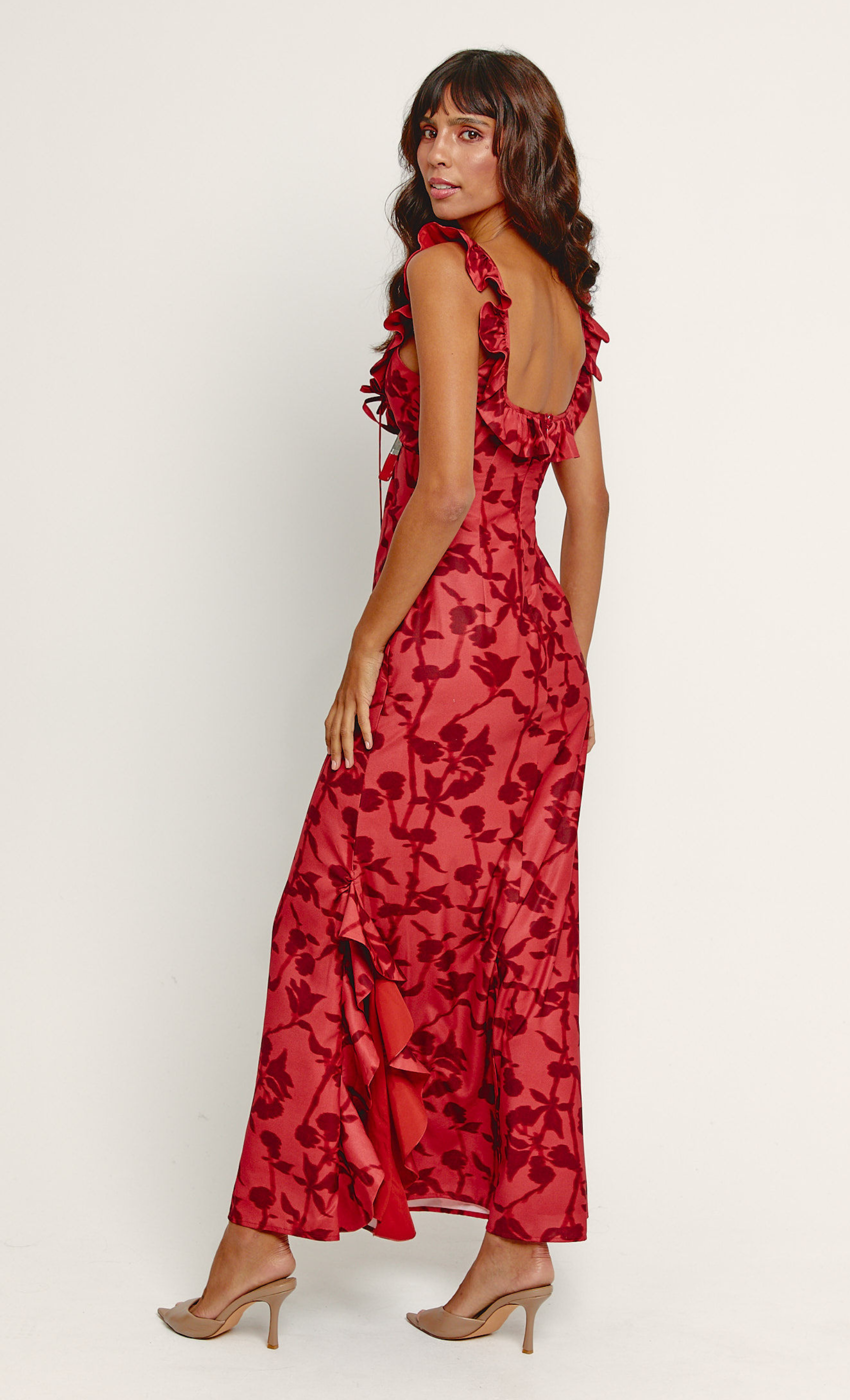 strapless open back dress Elegant Off Shoulder Red Floral Lace Ruffle High Low Maxi Dress – EDITE MODE