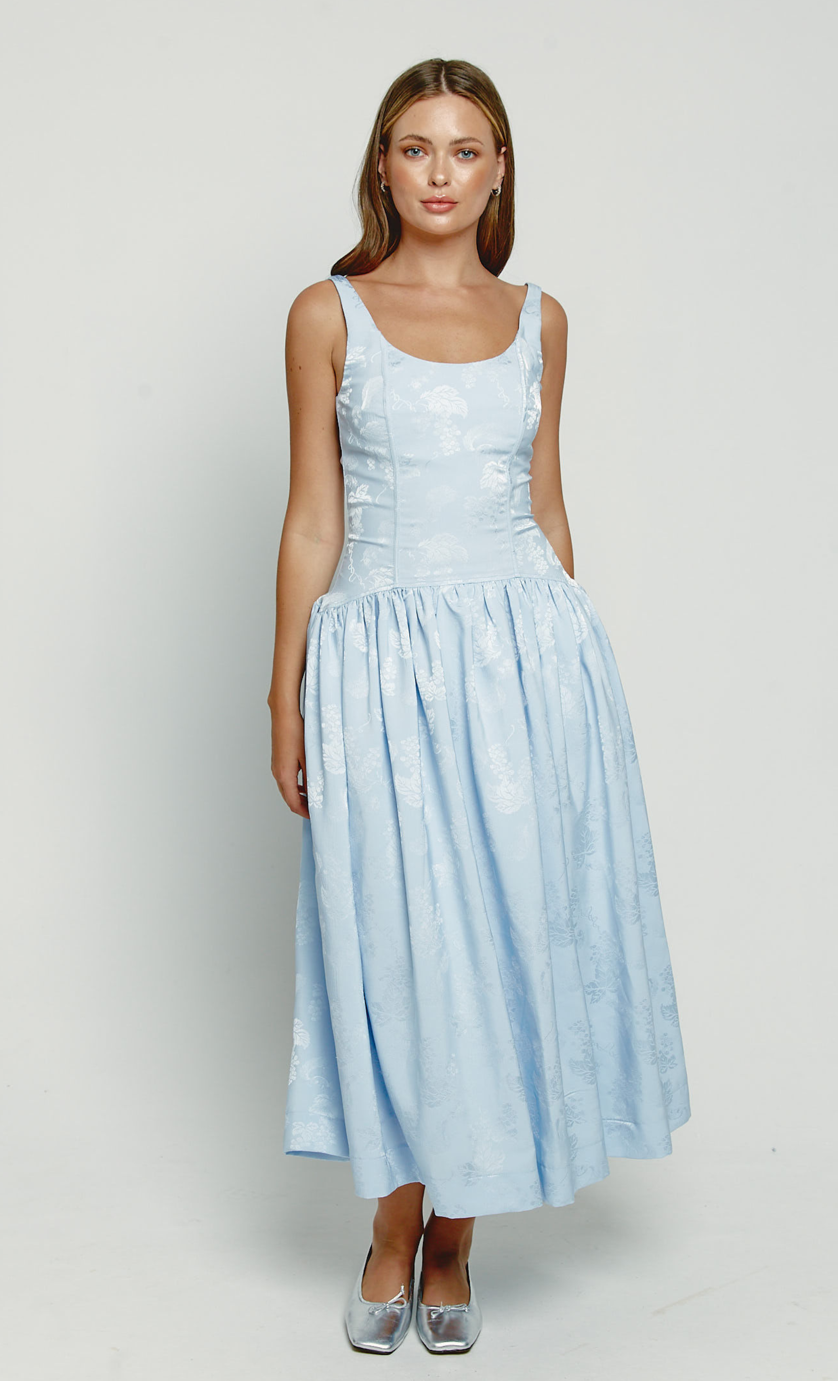 Blue Satin Jacquard Drop Waist Midi Dress – Rare London