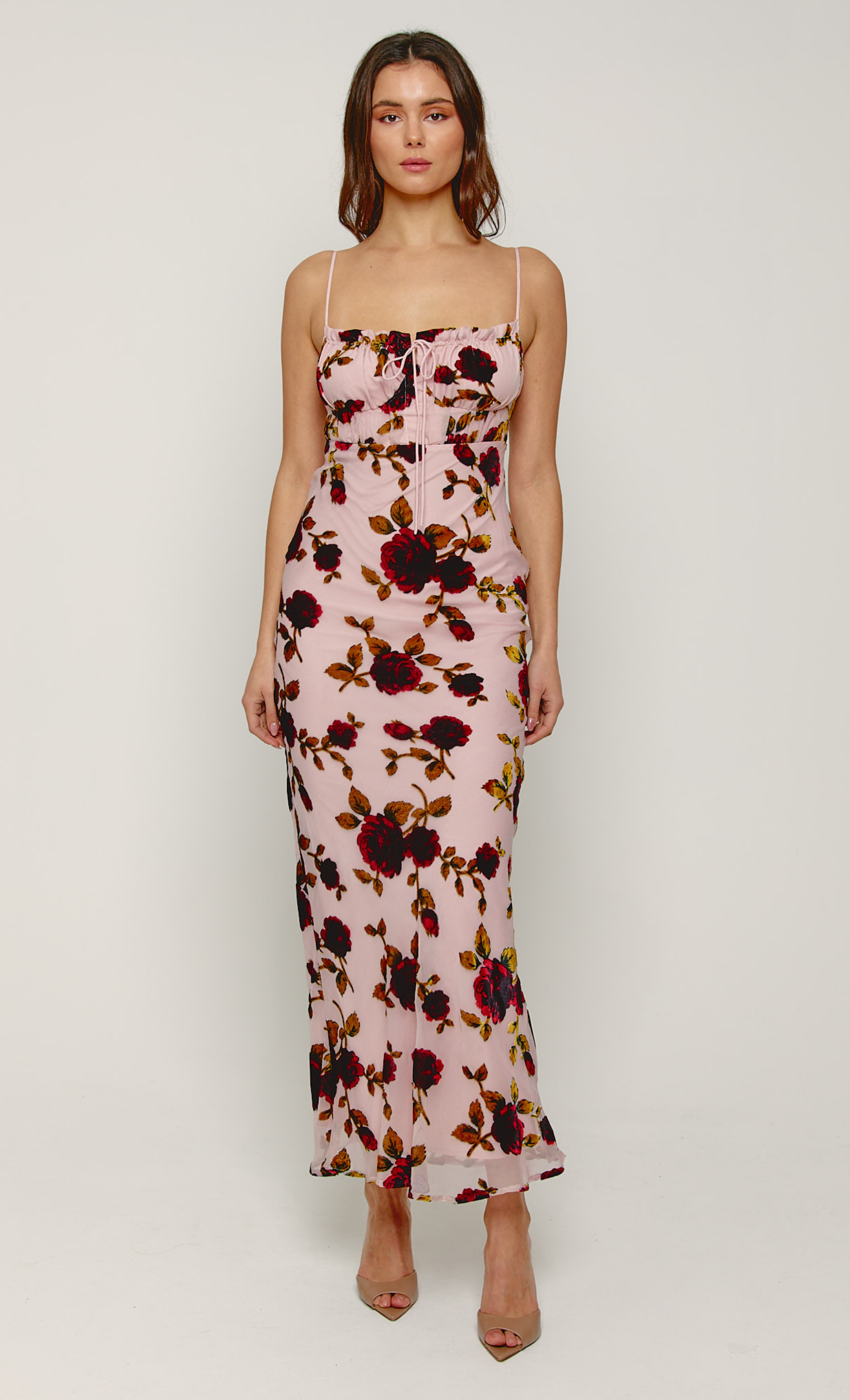 pink floral devore long sleeve maxi dress Pink Drawstring Detail Devore Maxi Dress