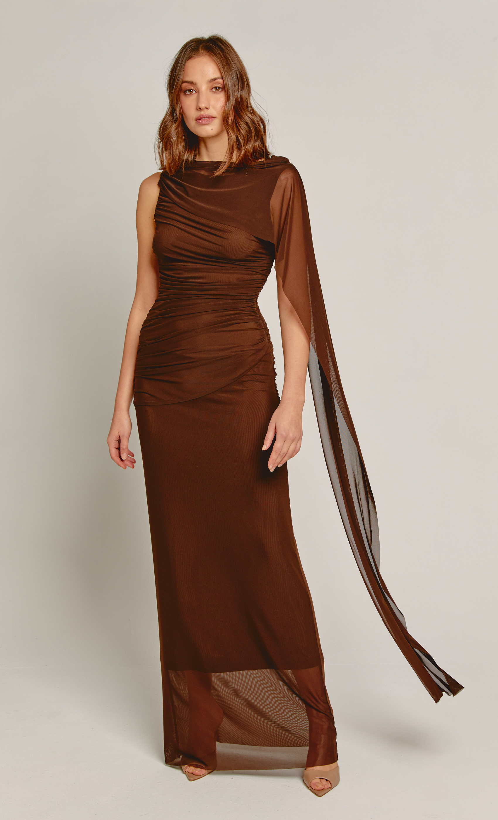 Brown Ruched Cape Maxi Dress – Rare London