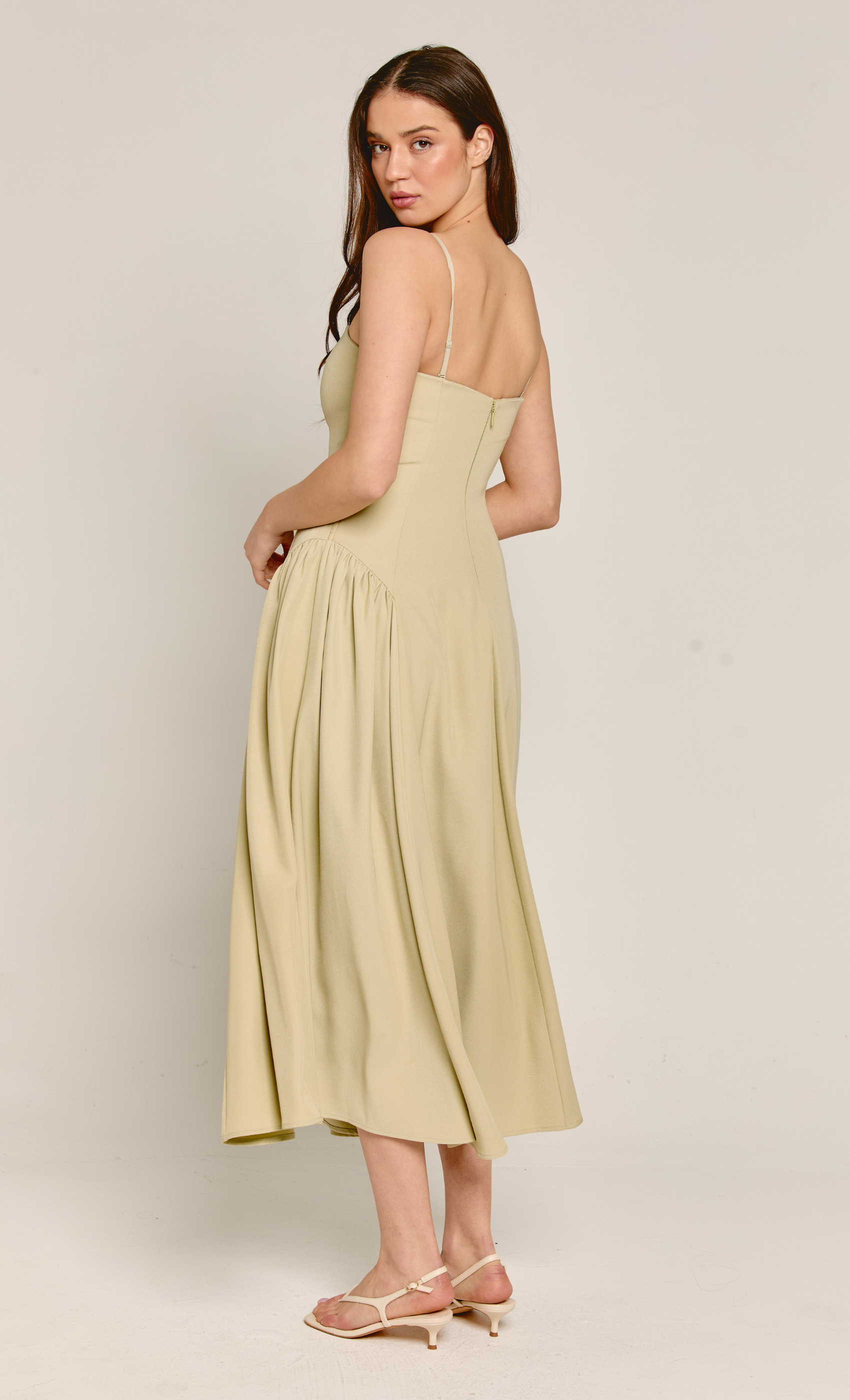Olive Bandeau Hip Gathered Midi Dress – Rare London