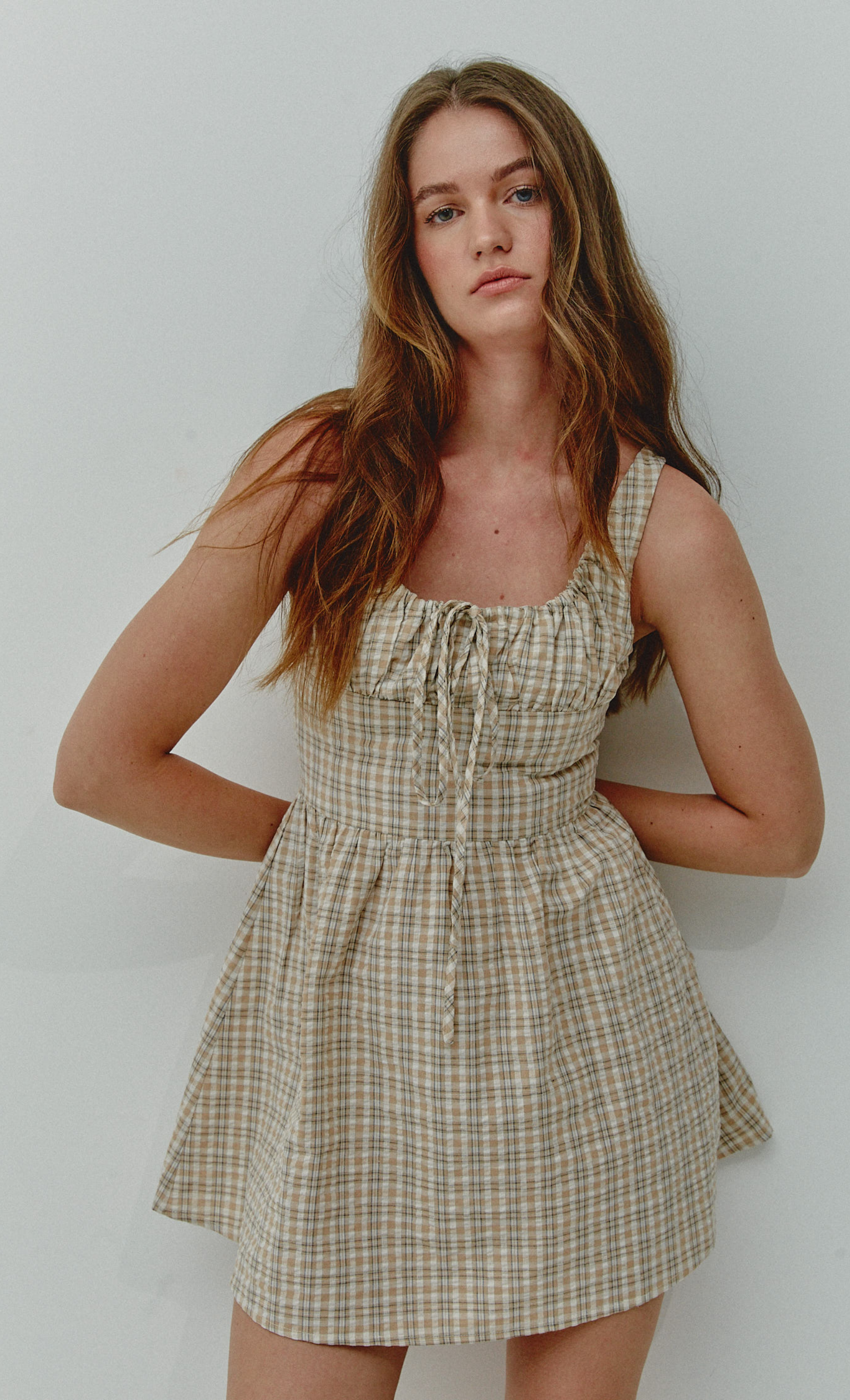 Beige Gingham Check Mini Dress – Rare London