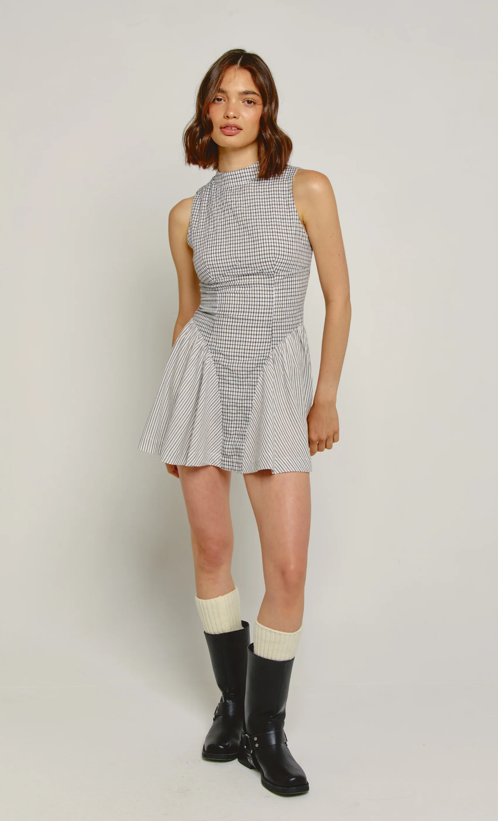 gathered check mini dress Beige Check High Neck Mini Dress