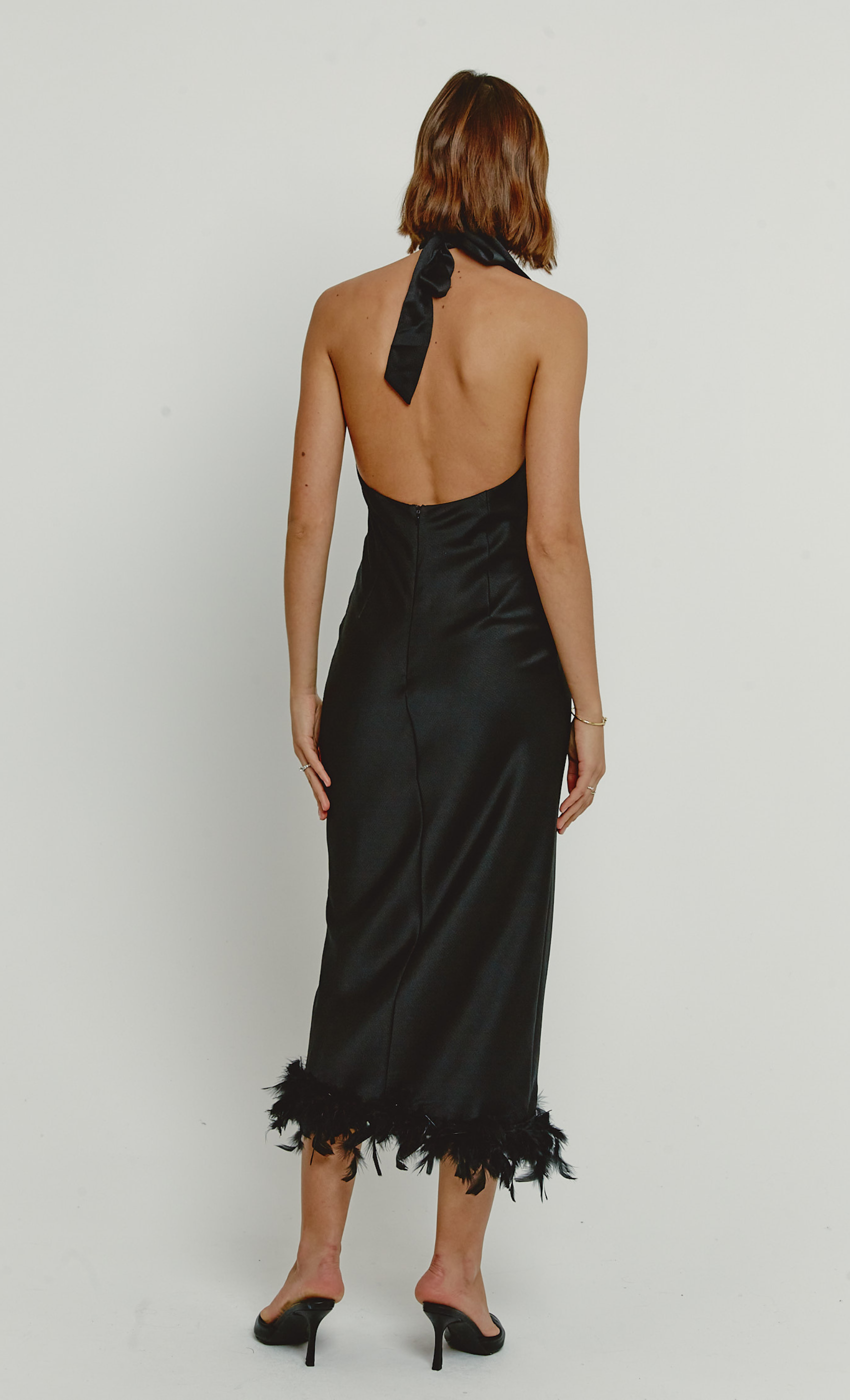 Black High Neck Feather Trim Dress – Rare London
