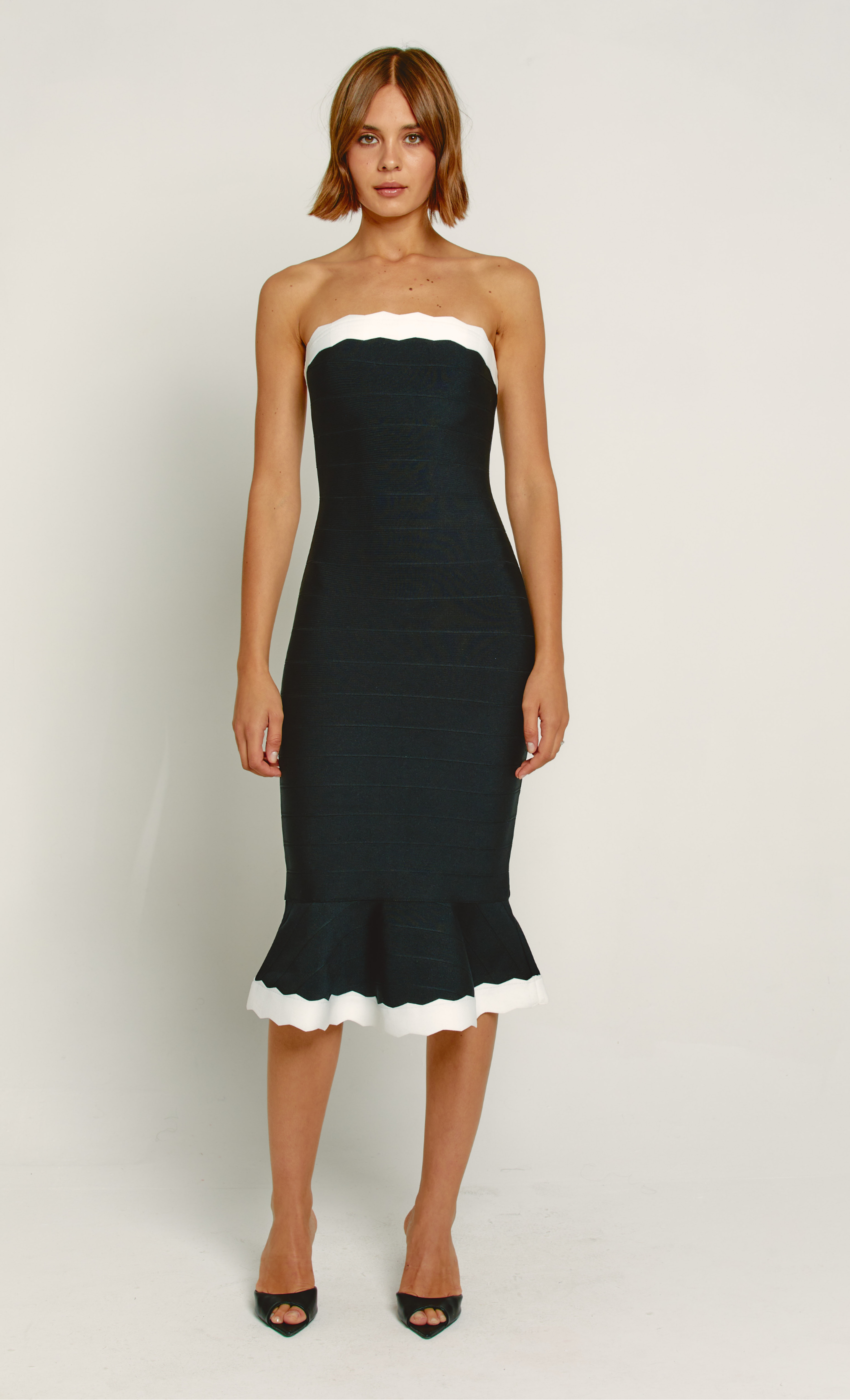 RARE London Women's RARE London Women's Black Wavy Trim Fishtail Bandage Midi Dress 12