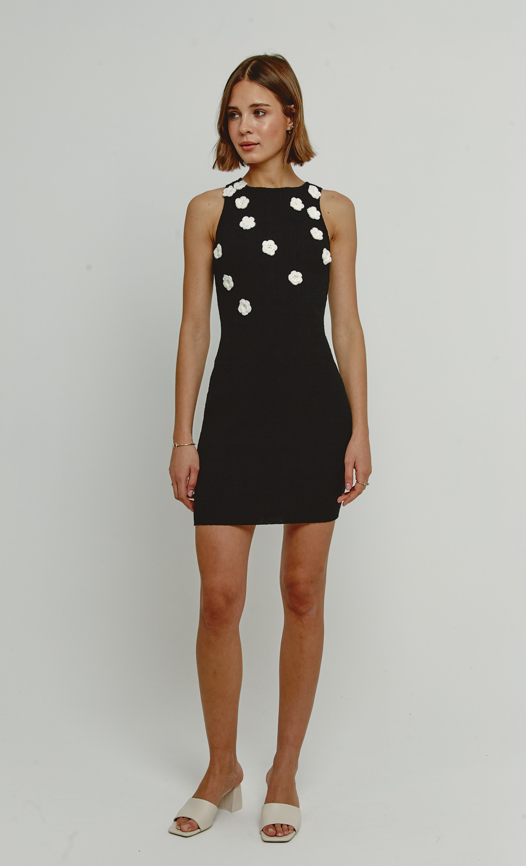 Black Knit Mini Dress with Crochet Flowers – Rare London