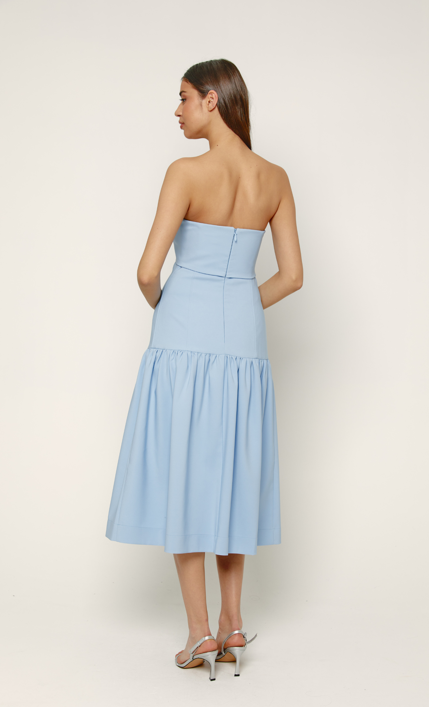 Rare London Women's Blue Drop Waist Strapless Bow Midi Dress 14