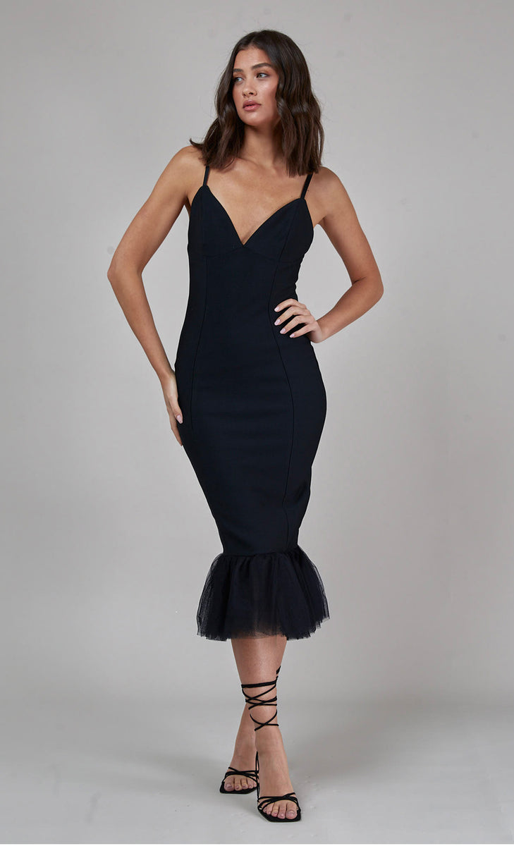 black fishtail midi dress