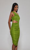 Green One Shoulder Ruched Midi Dress