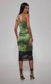 Green Satin Lace Trim Midi Dress