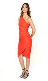 Red One Shoulder Ruched Midi Dress