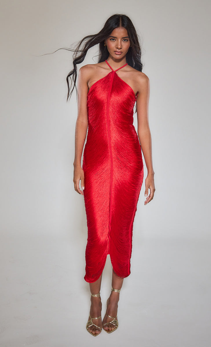 Red Fringe Detail Halter Neck Maxi Dress – Rare London