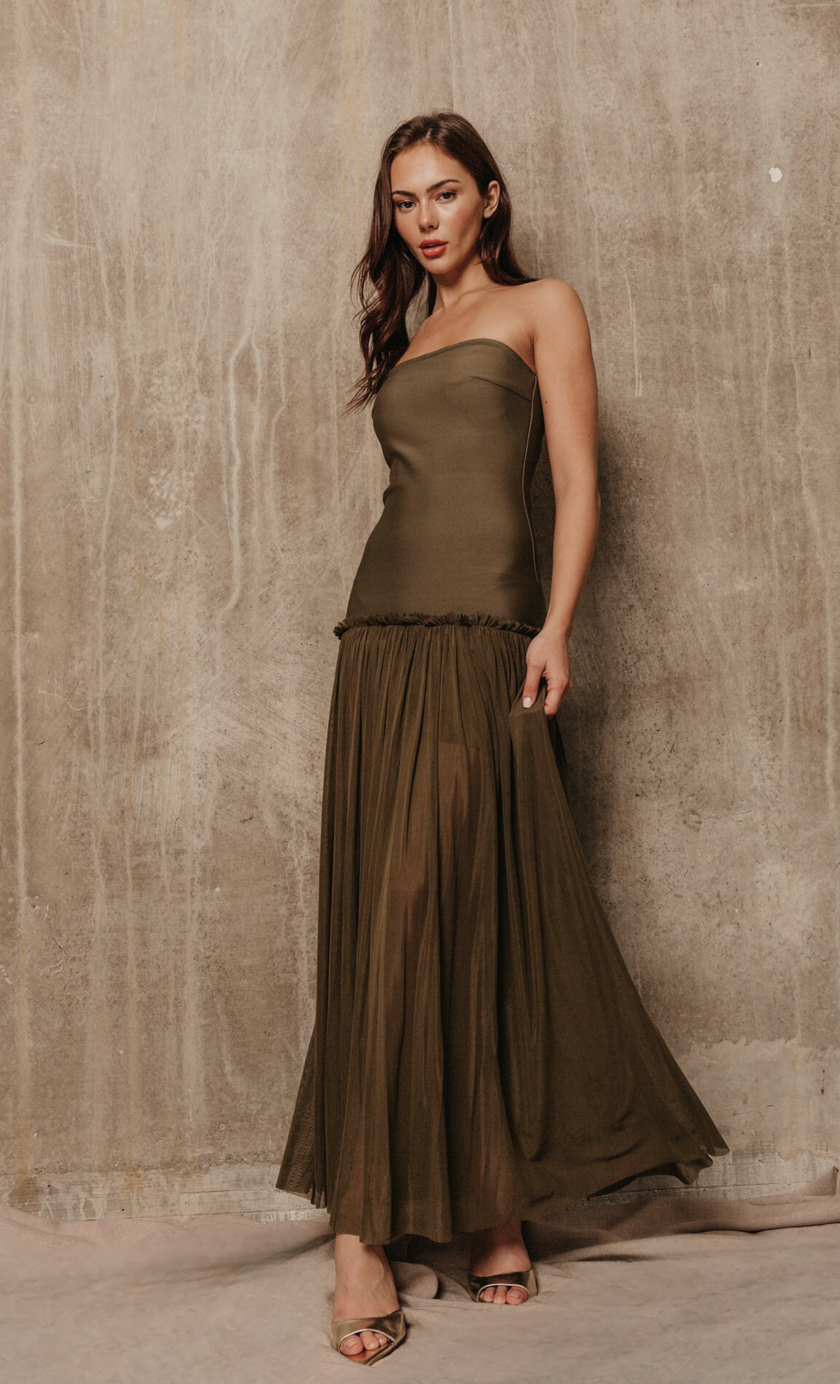 Women's Olive Mesh Drop Waist Bandeau Maxi Dress | 16 Women's Olive Mesh Drop Waist Bandeau Maxi Dress | 16