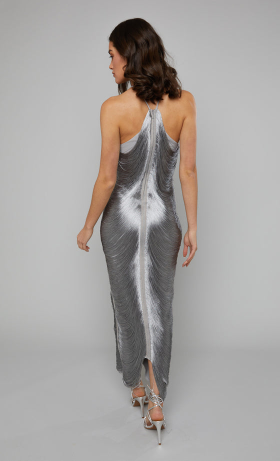 Silver Fringe Detail Halter Maxi Dress