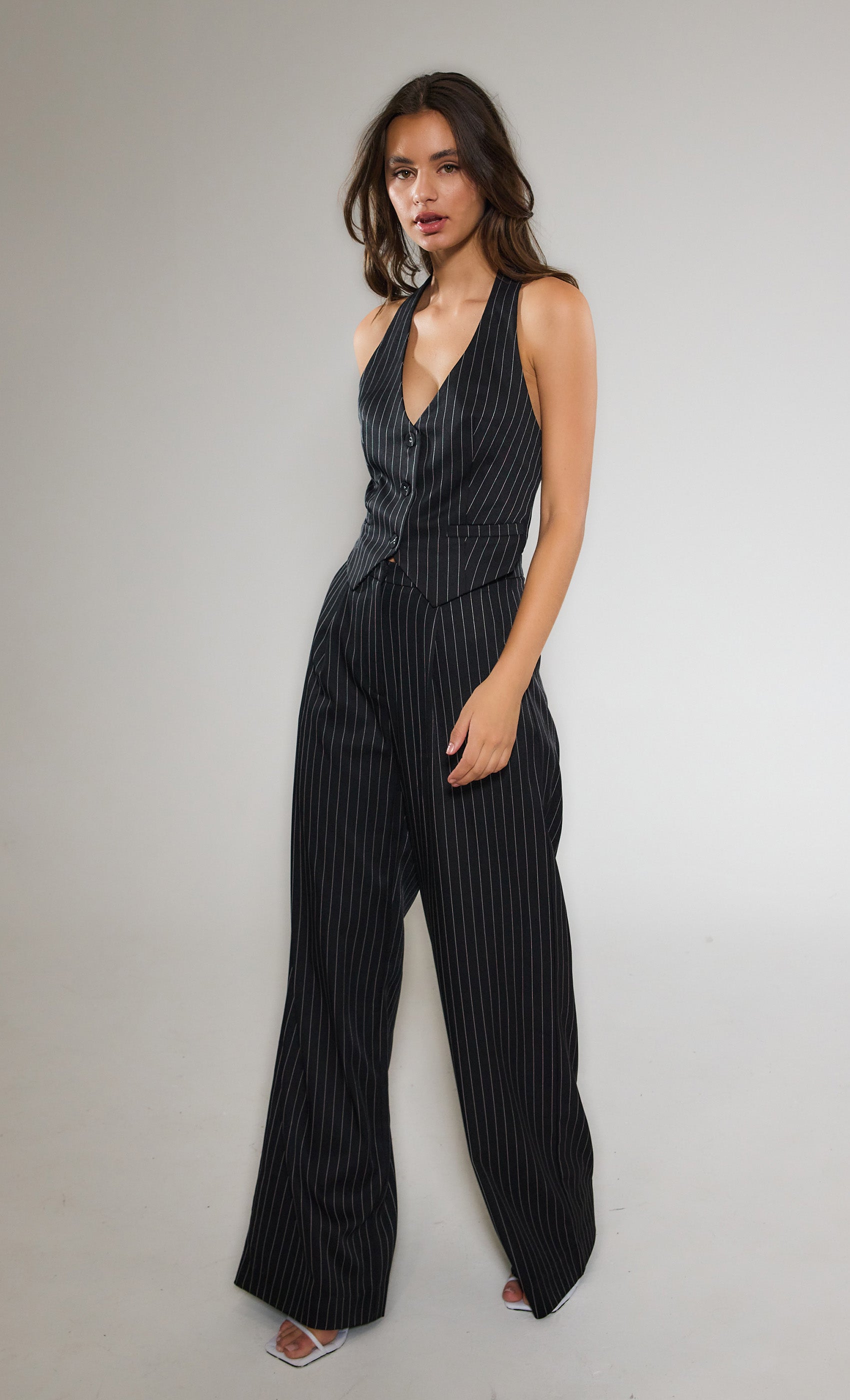 Black Pinstripe Tailored Jumpsuit