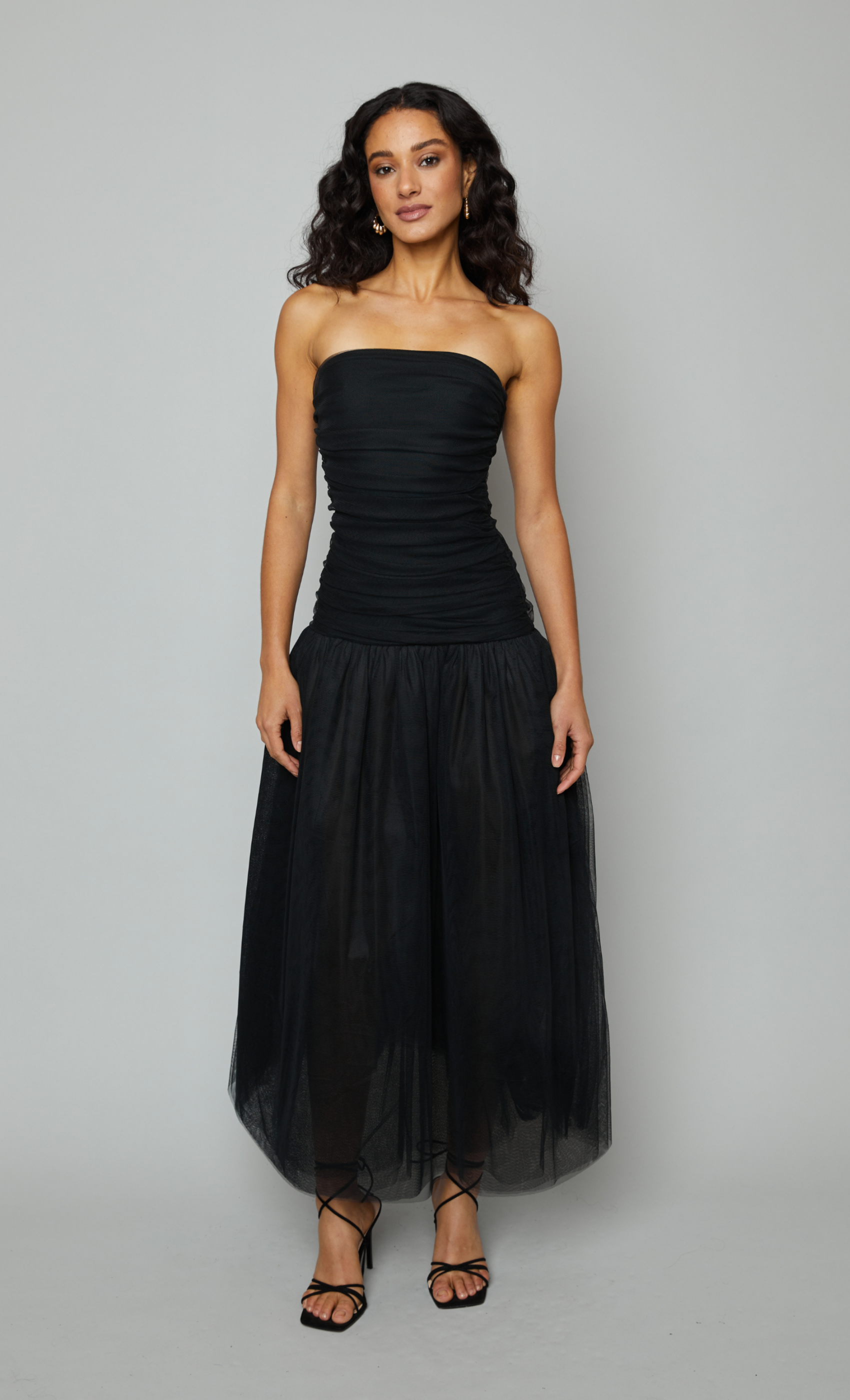 black twist bandeau tiered maxi dress Black Drop Waist Tulle Bandeau Maxi Dress