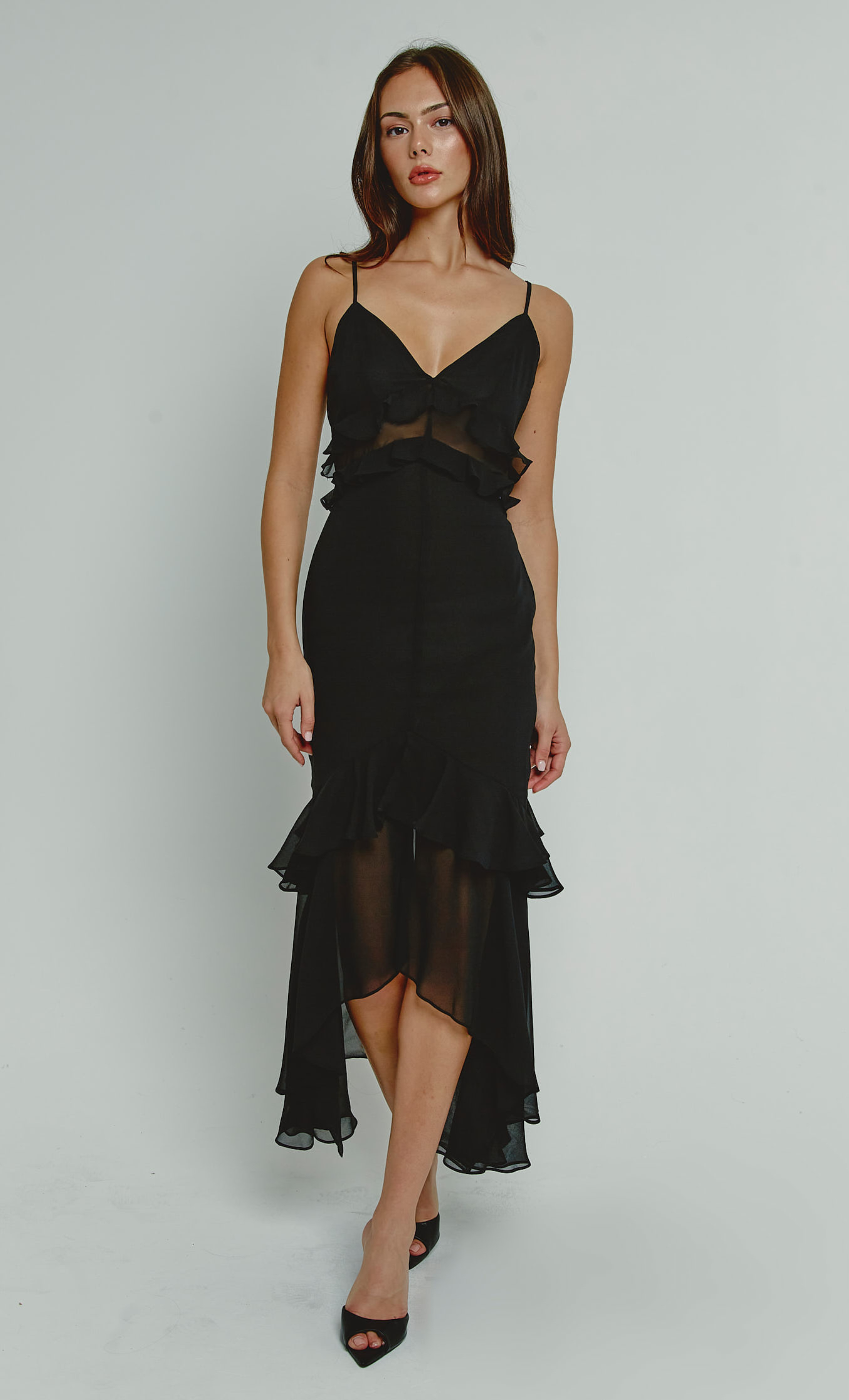 black chiffon tiered midi dress Black Chiffon Tiered Ruffle Midi Dress