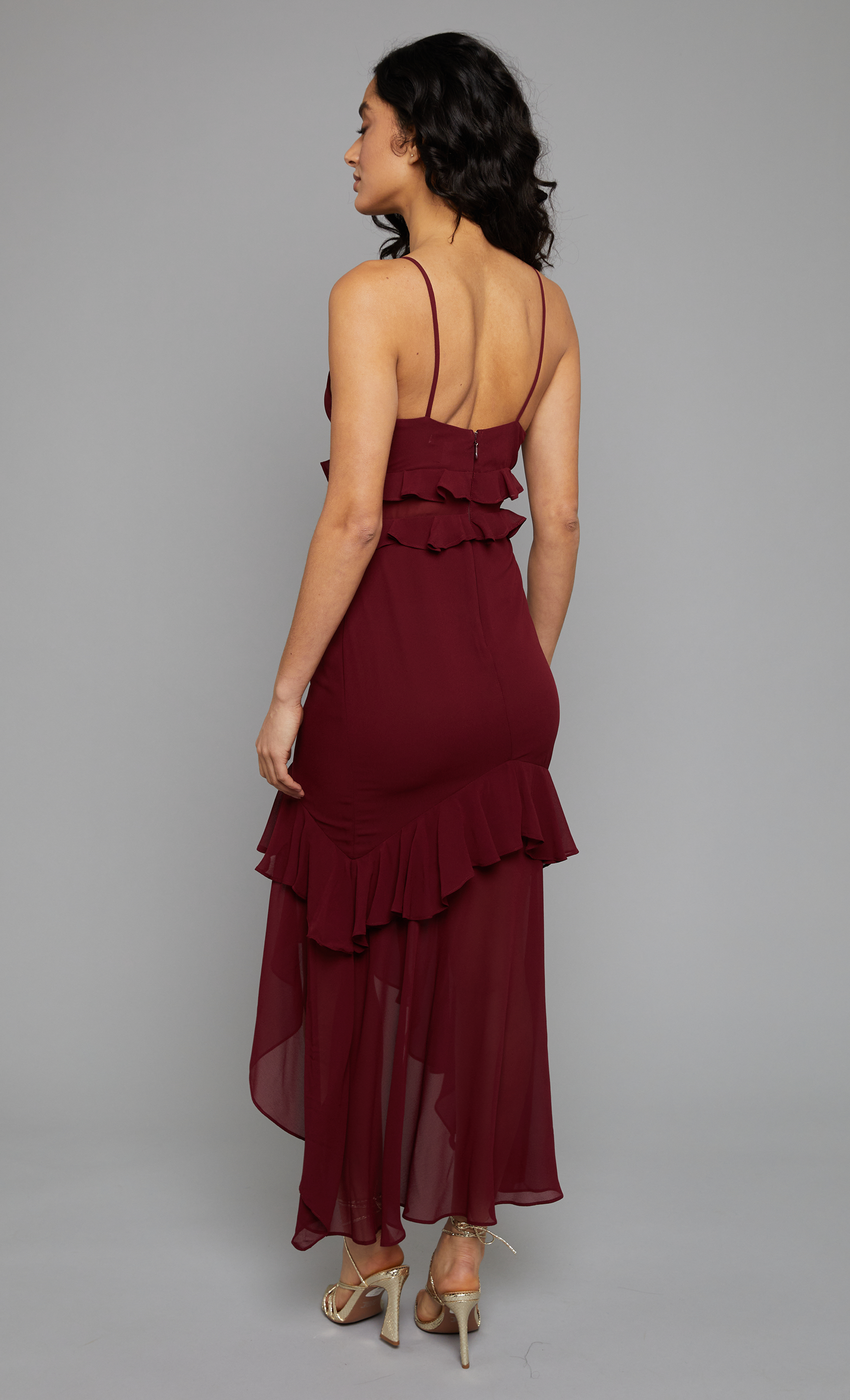 Dark Red Ruffle Detail Chiffon Midaxi Dress – Rare London