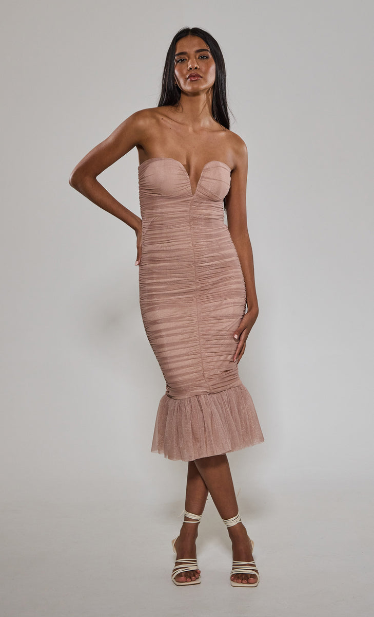 Blush Ruched Sweetheart Fishtail Dress Rare London