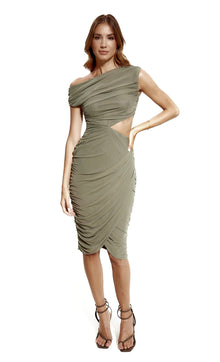  Khaki Mesh Asymmetric Wrap Dress