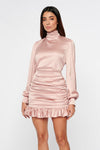 Pink High Neck Ruched Mini Dress