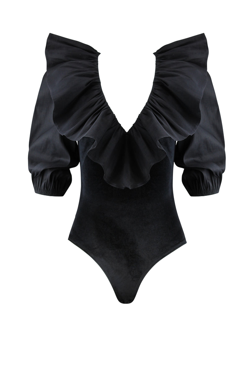 Black Frill Velvet Bodysuit - Size 8 – Rare London