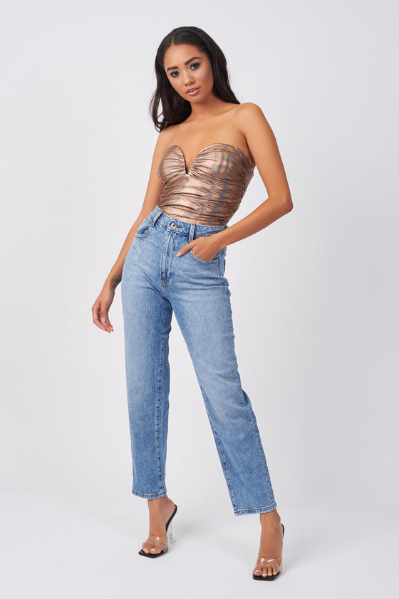 YUN264-ROSE-GOLD-HOLOGRAPHIC-RUCHED-BODYSUIT