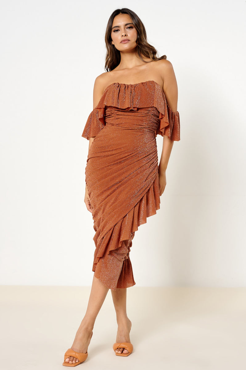 One shoulder draped midi hot sale dress