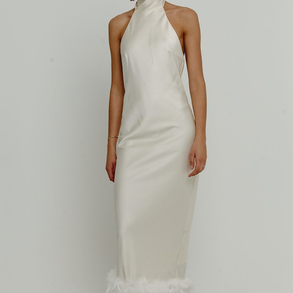 Cream High Neck Feather Trim Maxi Dress