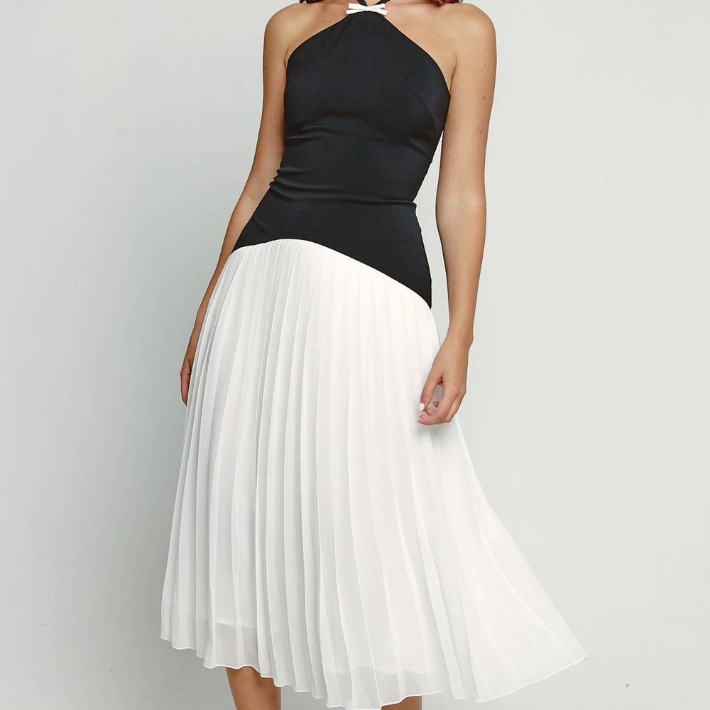 Black Drop Waist Pleated Midi Dress