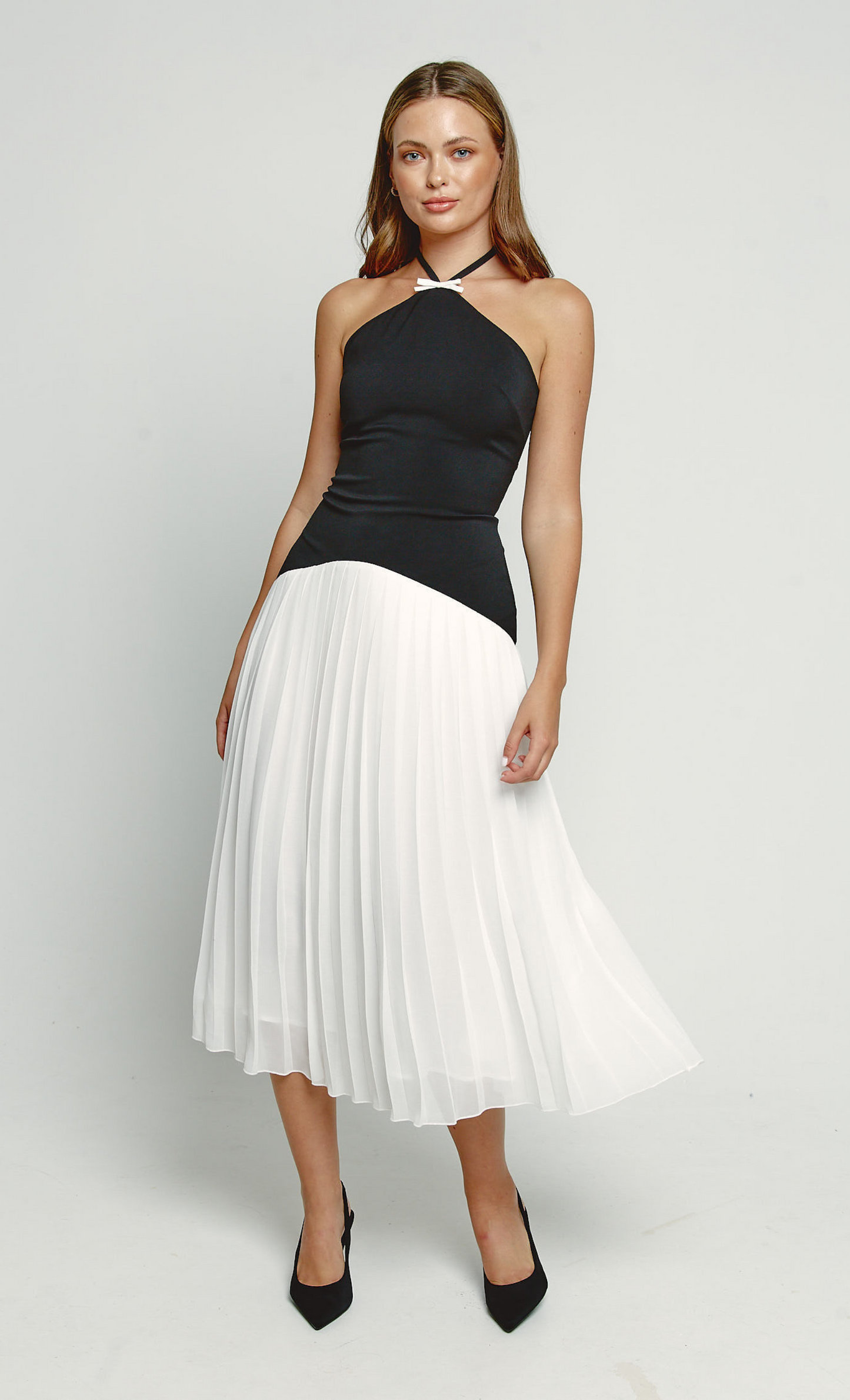 Black & White Drop Waist Pleated Midi Dress Rare London Black & White Drop Waist Pleated Midi Dress Rare London