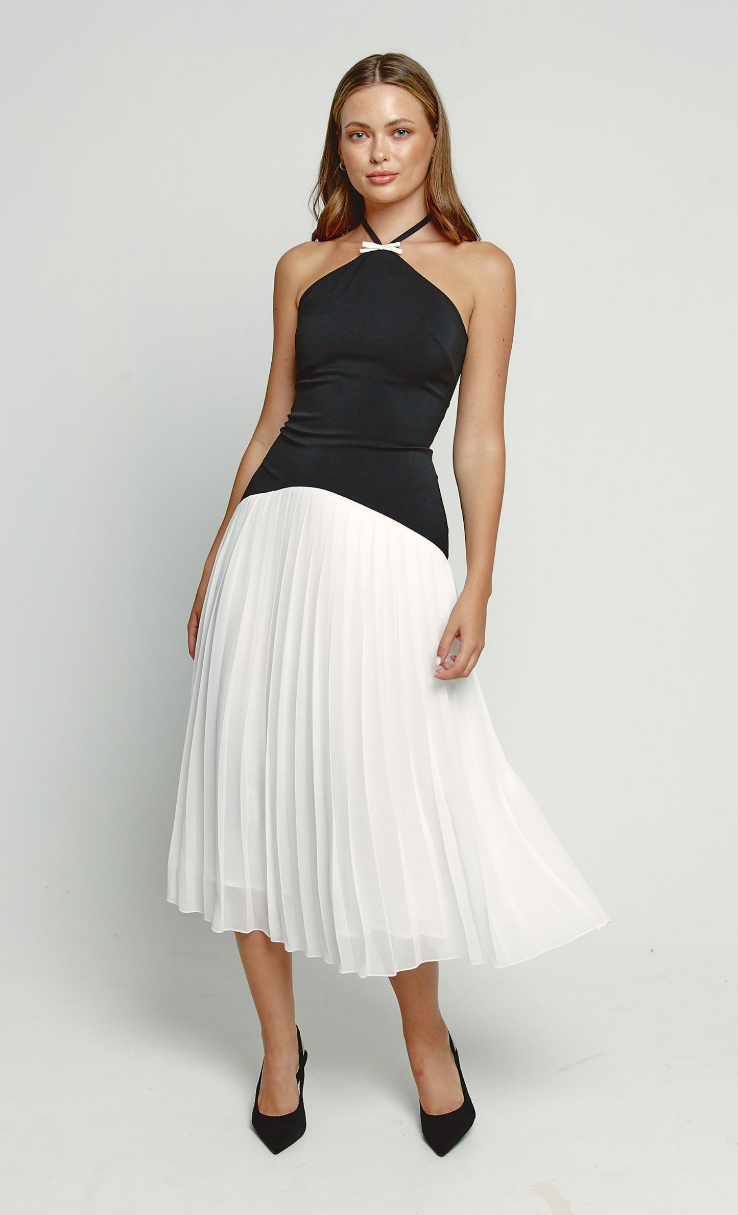 Black Drop Waist Pleated Midi Dress