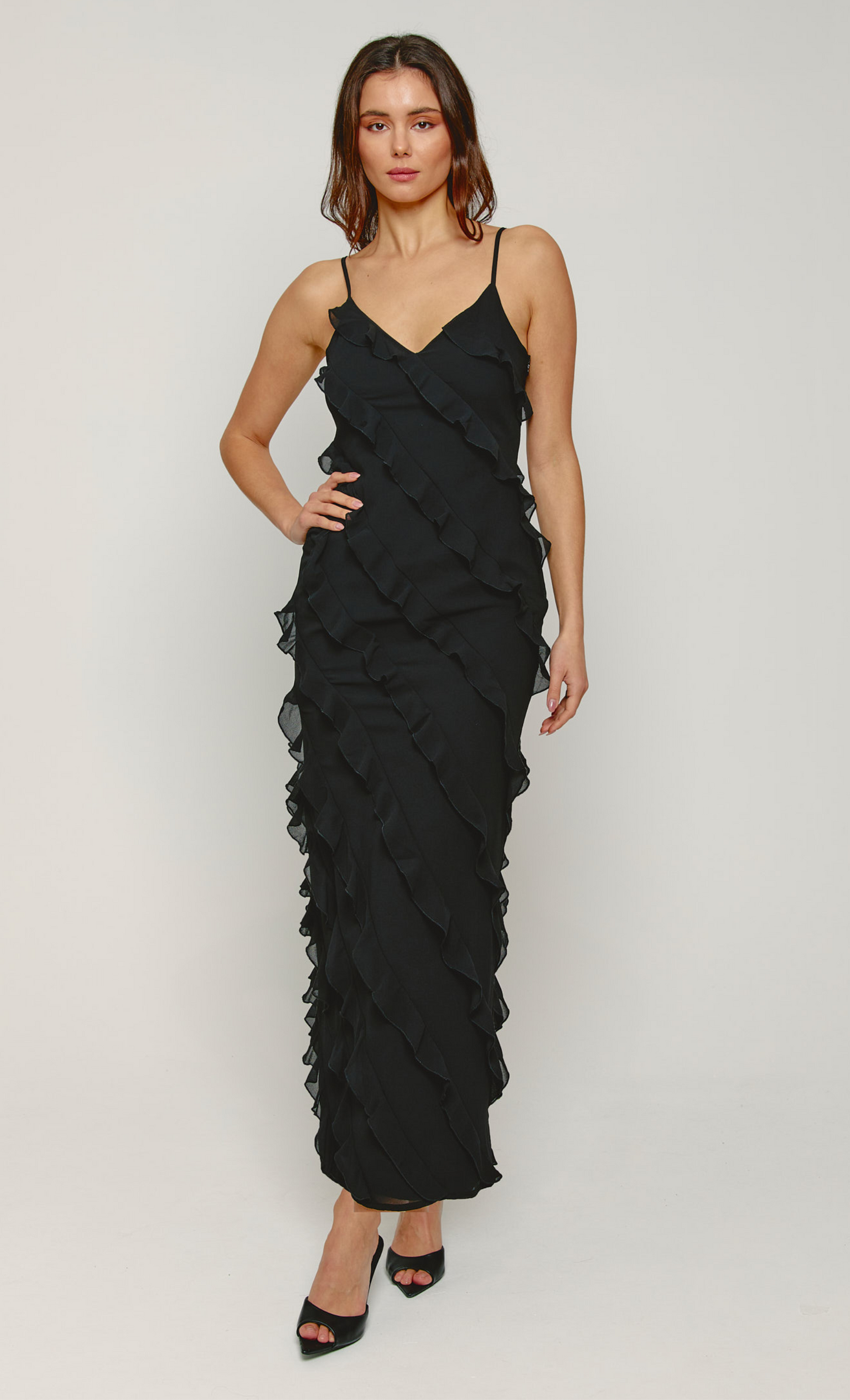 Black Frill Detail Maxi Dress – Rare London