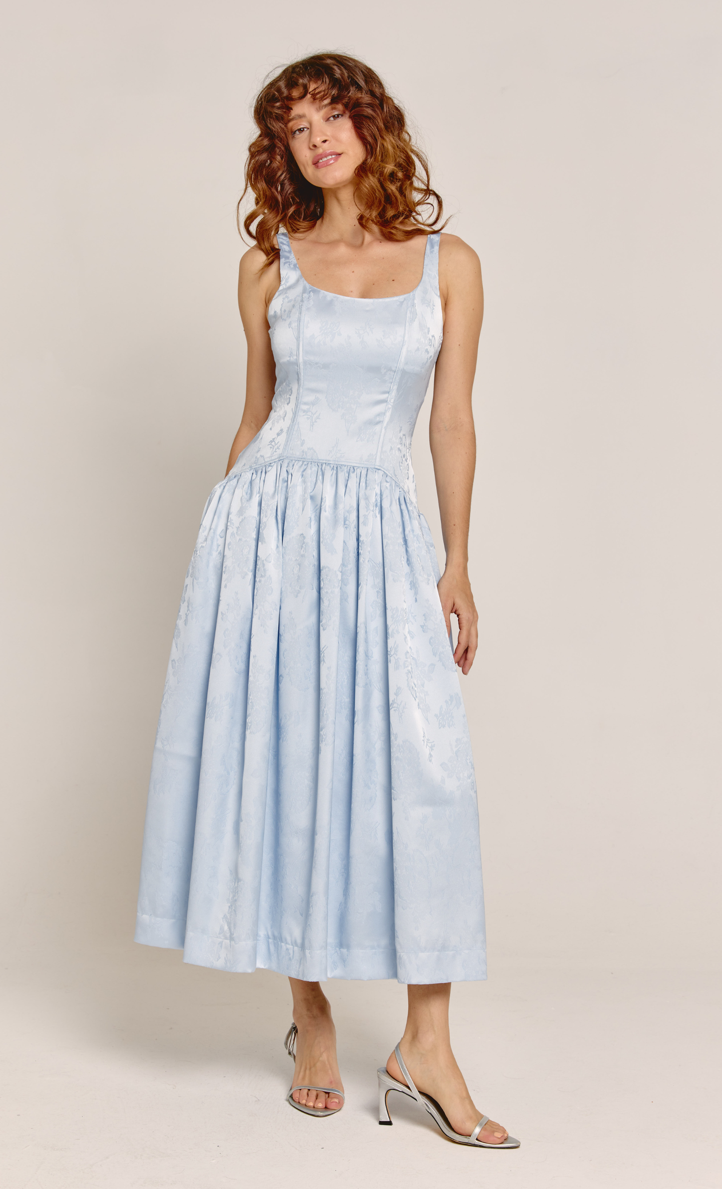 Blue Satin Jacquard Drop Waist Midi Dress - 16 Blue Satin Jacquard Drop Waist Midi Dress - 16