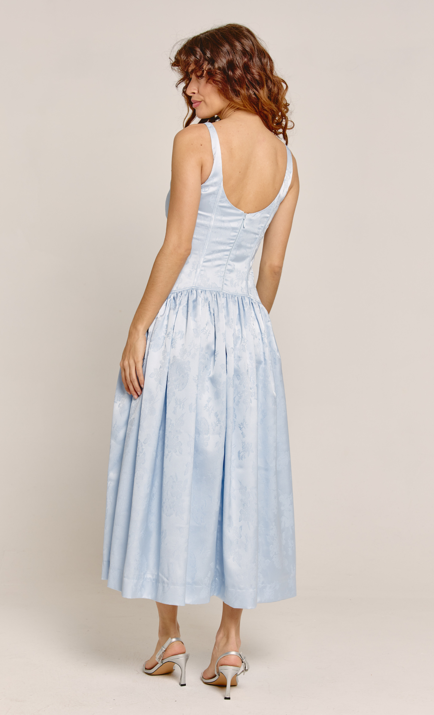 Blue Satin Jacquard Drop Waist Midi Dress – Rare London