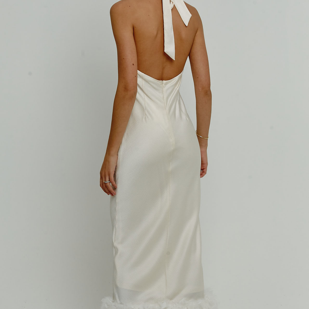 
                      
                        Cream High Neck Feather Trim Maxi Dress
                      
                    