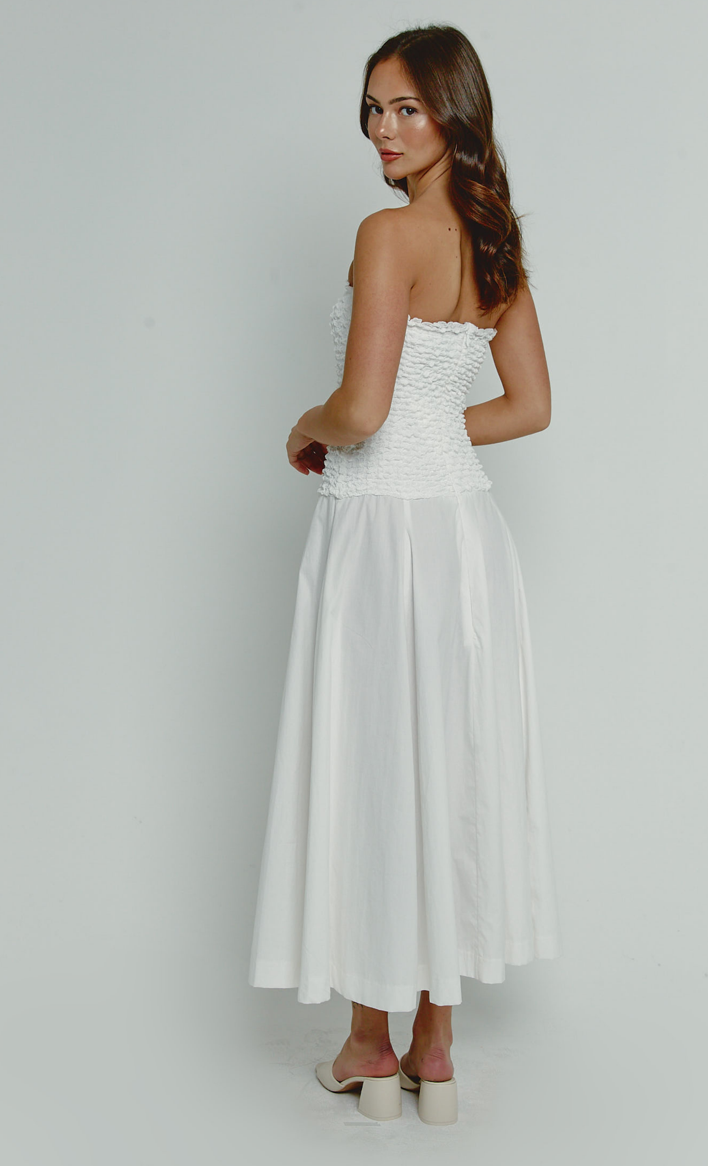White Drop Waist Textured Maxi Dress – Rare London