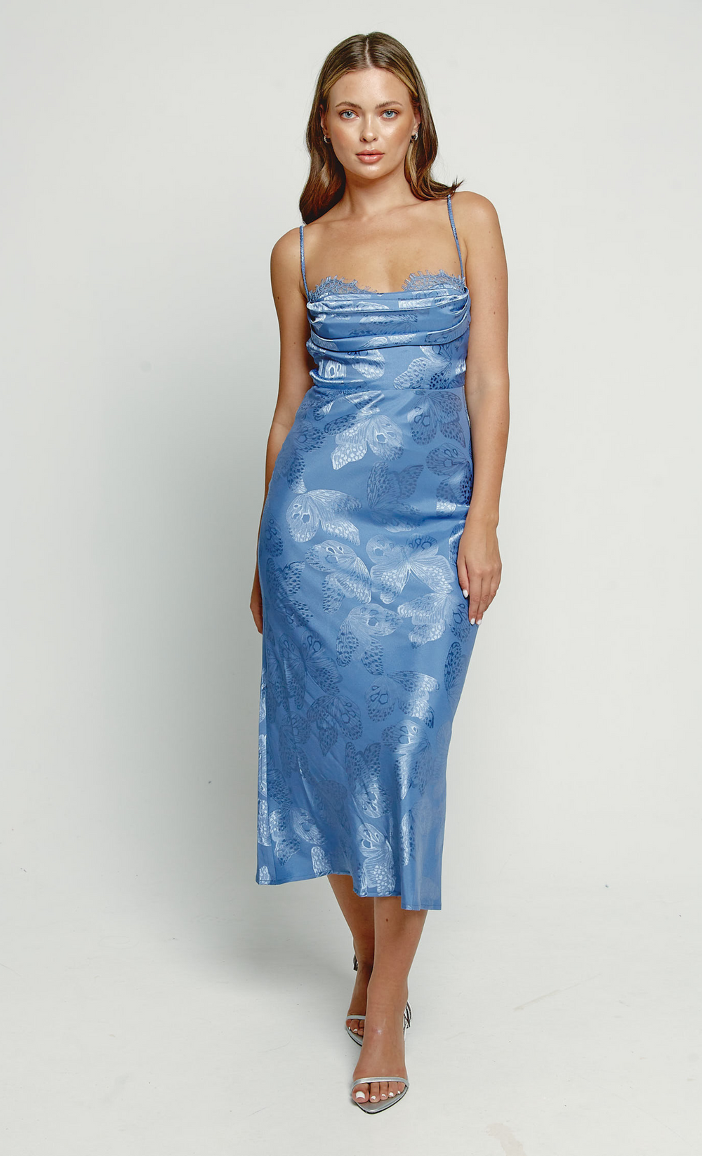 Blue Satin Jacquard Butterfly Maxi Dress