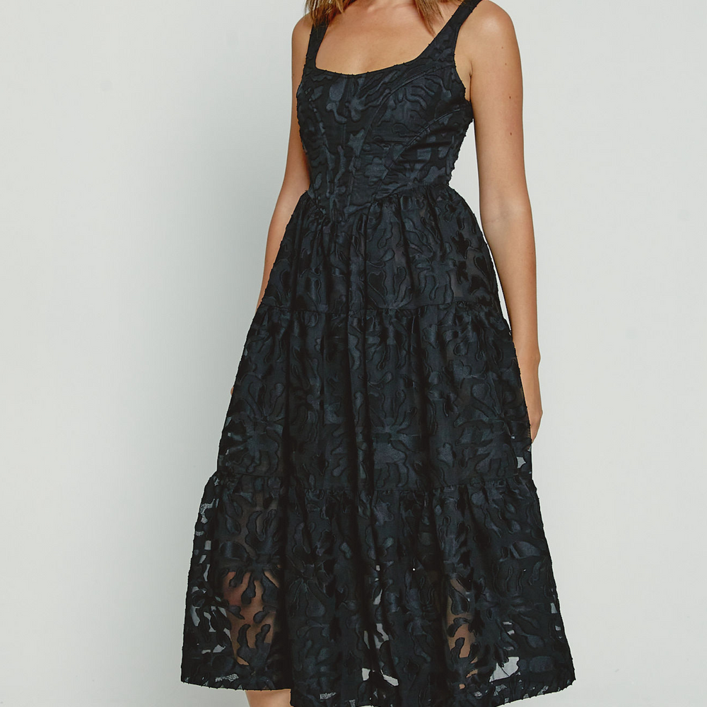 Corset Tiered Lace Midi Dress