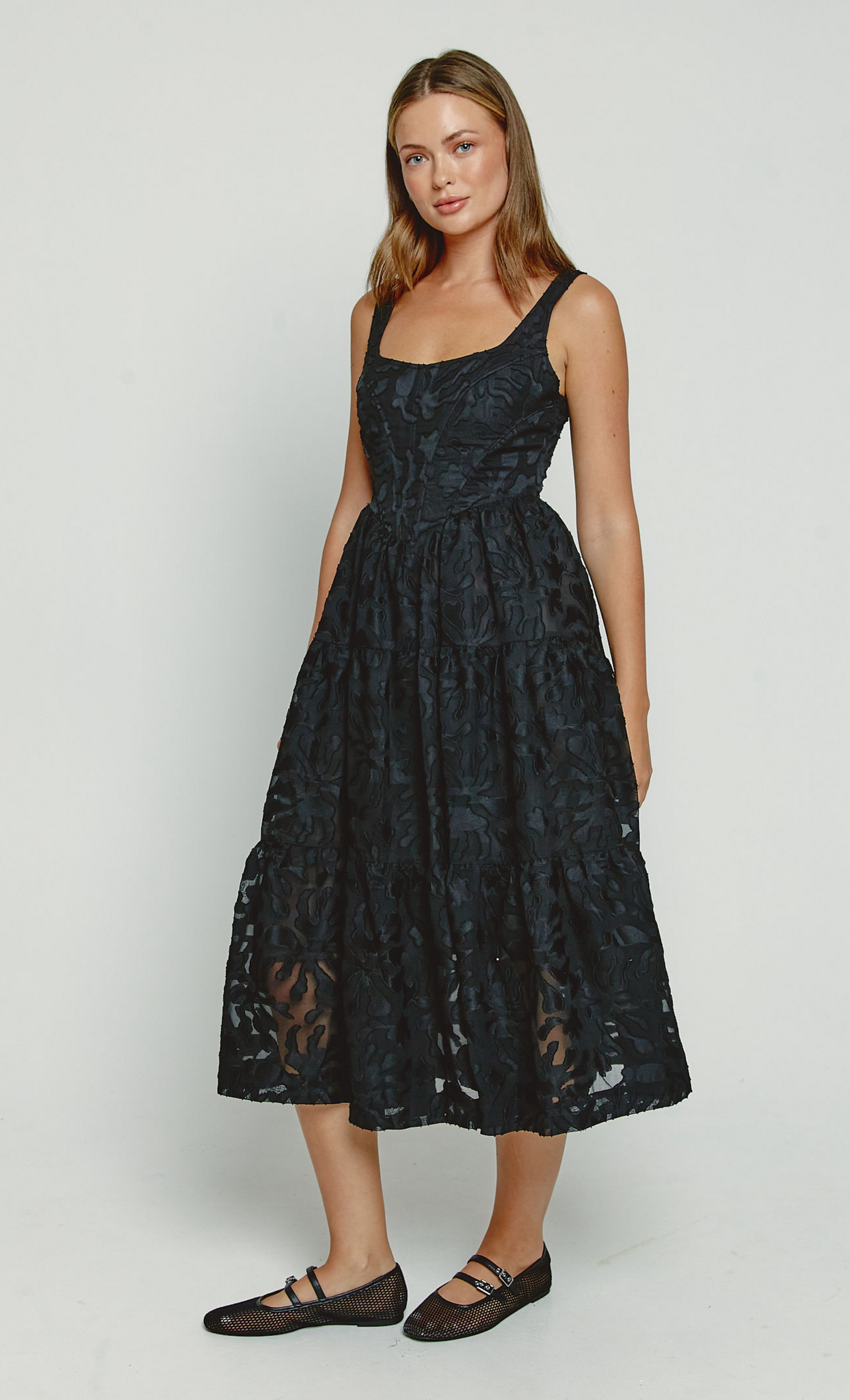 Corset Tiered Lace Midi Dress