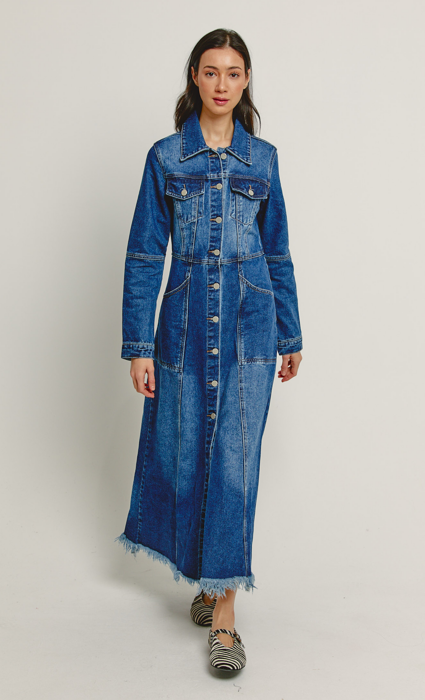 dark denim maxi dress Slit Split Hem Denim Collar, Deandra Stretch Maxi Dress in Dark Denim, Size S,