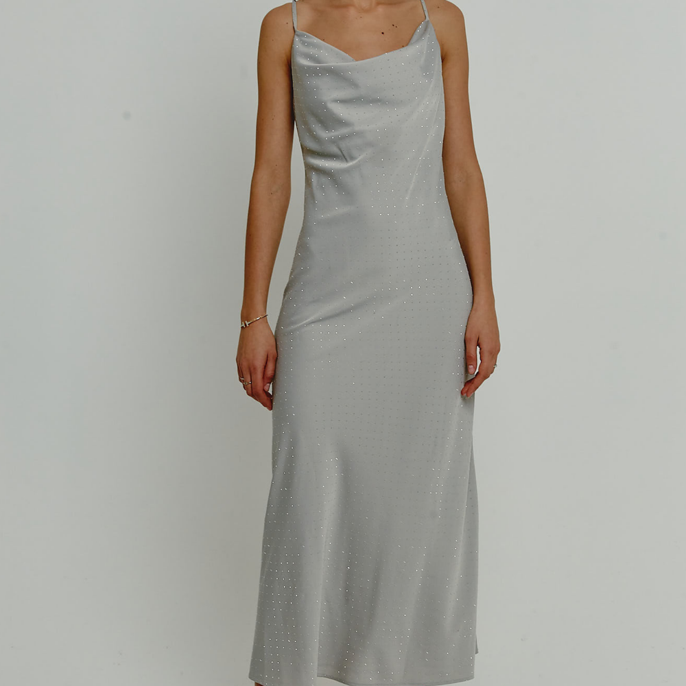 Silver Diamante Satin Slip Maxi Dress