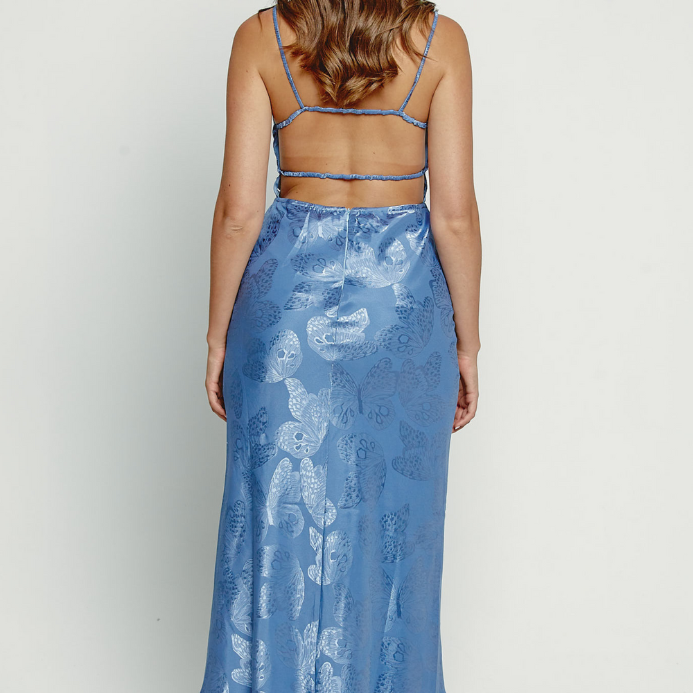 Blue Satin Jacquard Butterfly Maxi Dress